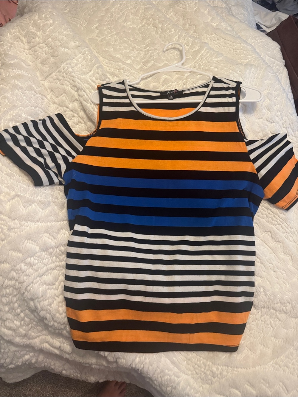 Striped Cold-Shoulder Knit Top in Black, White, Orange & Blue